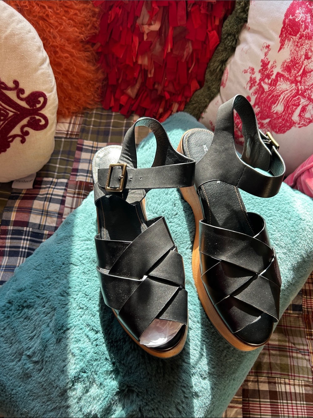 Kelsi Dagger Black Woven Leather Platform Sandals with Ankle Strap